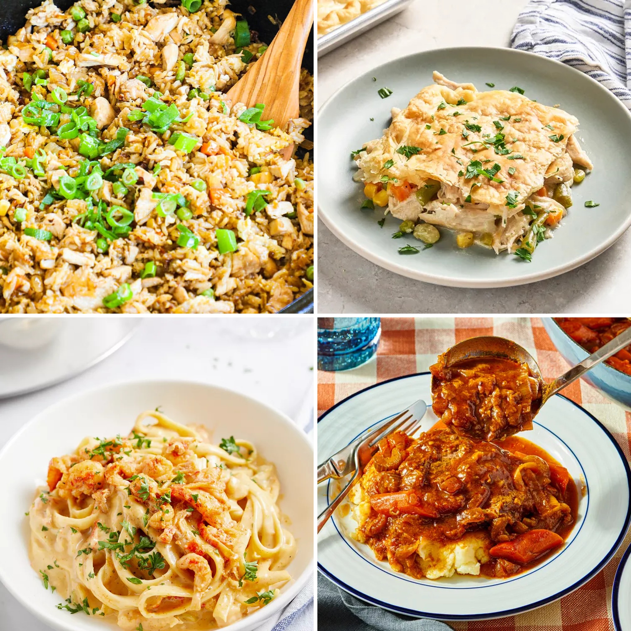 Chicken Fried Rice, Sheet Pan Chicken Pot Pie, Cajun Shrimp Alfredo, and Swiss Steak